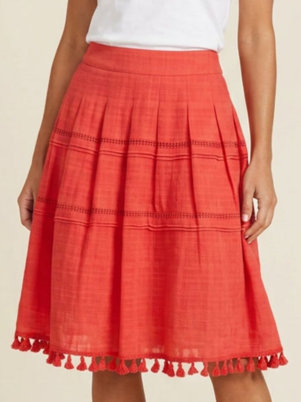 Talbot's 100% Cotton Red Boho Tassel Trim Tiered Midi Skirt Size 2